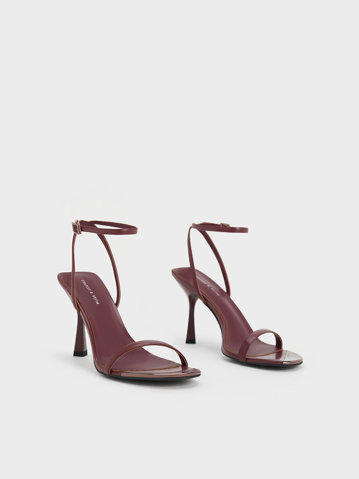Maroon Metallic Cap Ankle Strap Heeled Sandals CHARLES KEITH IN