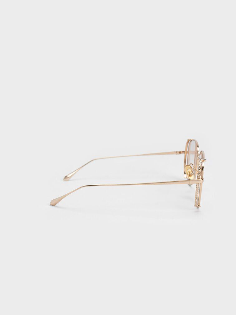 Gem-Embellished Wireframe Aviator Sunglasses, Cream, hi-res
