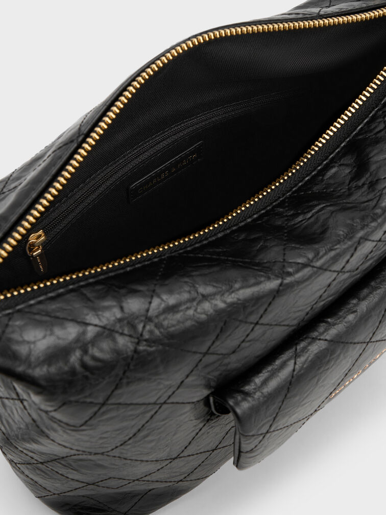 Duo Quilted Front-Pocket Hobo Bag, Black, hi-res