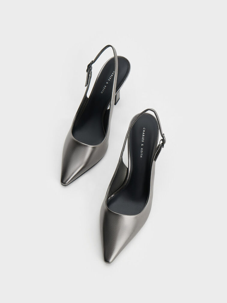 Metallic Trapeze Heel Slingback Pumps, Pewter, hi-res