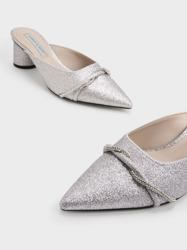 Twist Detail Glittered Mules, Silver, hi-res