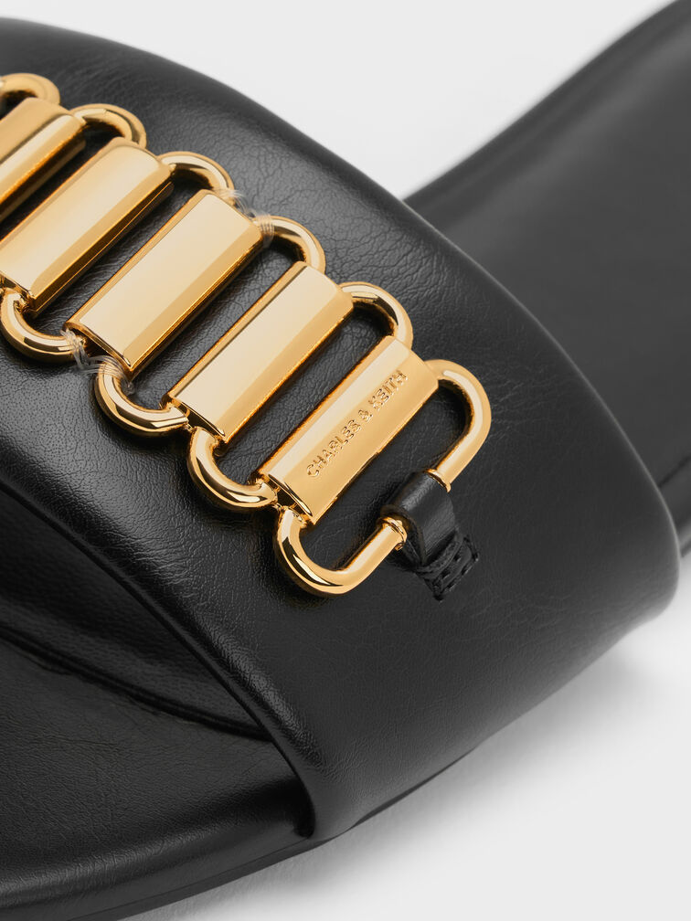 Metallic-Accent Slide Sandals, Black, hi-res