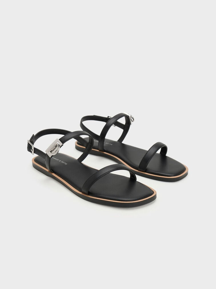 Double Metallic Buckle Sandals, Black, hi-res