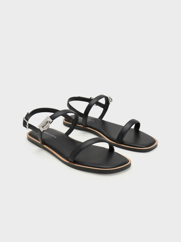 Double Metallic Buckle Sandals, Black, hi-res
