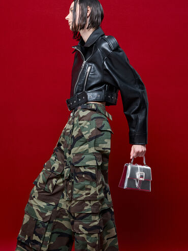 Metallic Crystal-Buckle Belted Top Handle Bag, Silver, hi-res
