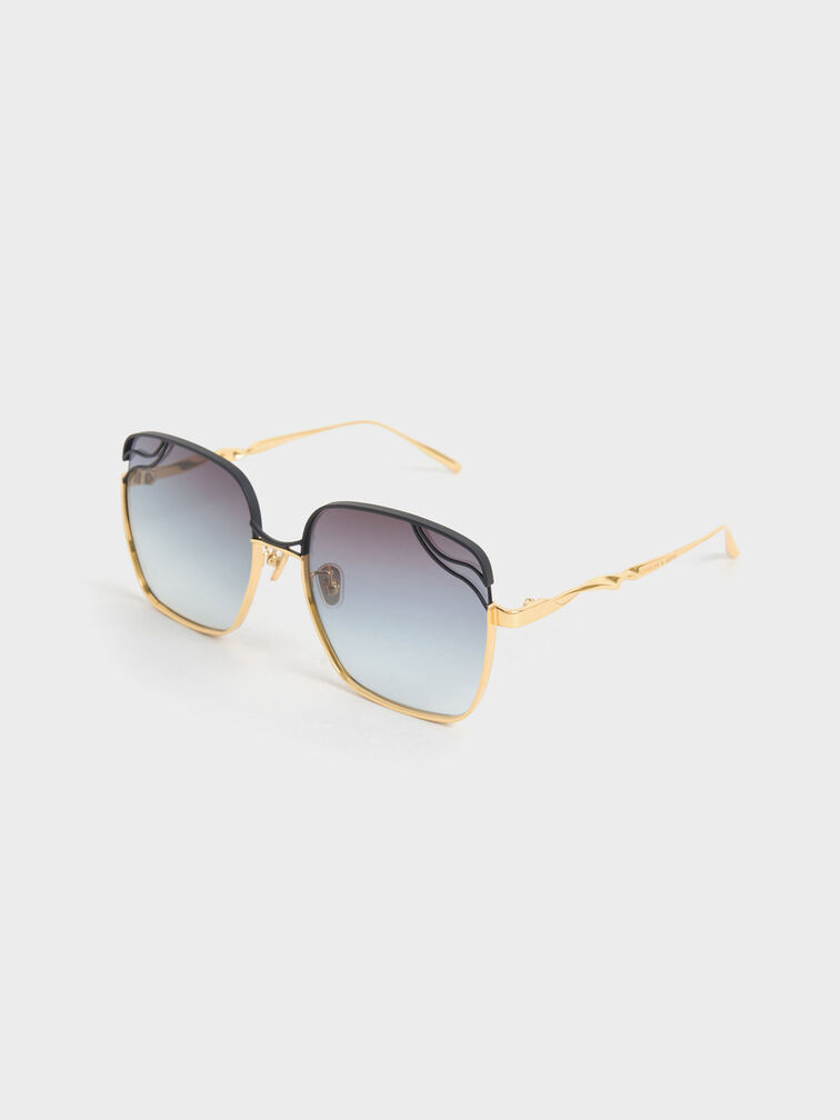 Wavy Wire-Frame Square Sunglasses, Black, hi-res