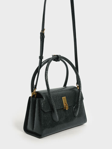 Locket Snake-Print Push-Lock Bag, Dark Green, hi-res