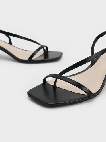 Metallic Trapeze Heel Thong Sandals, Black, hi-res