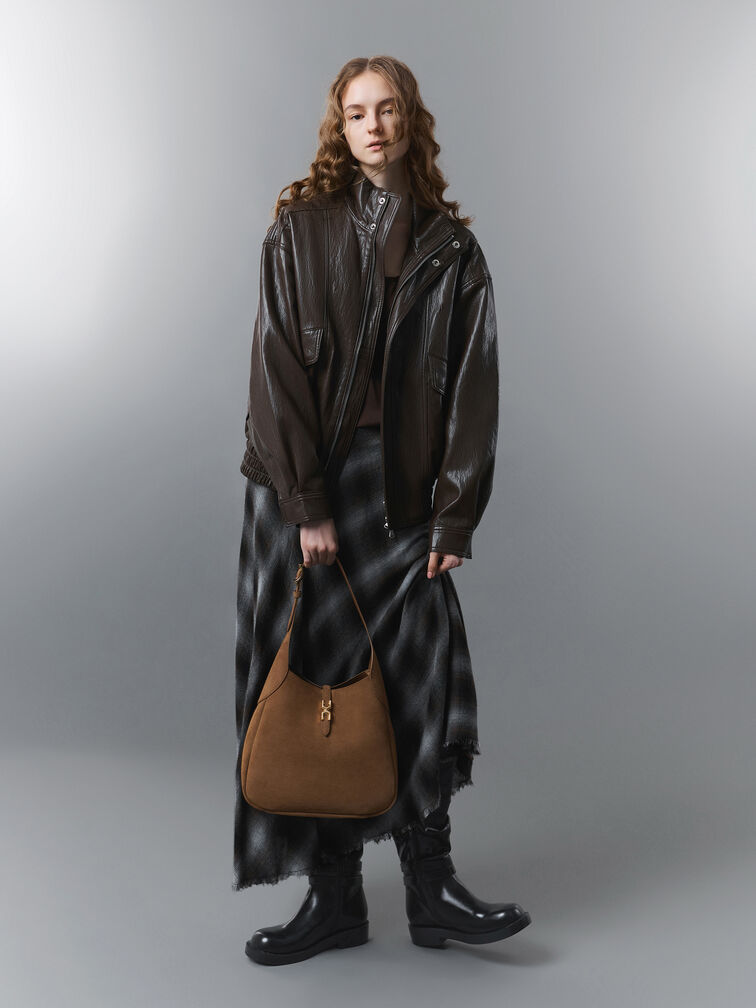 Adalyn Recycled Suede Metallic-Buckle Belted Hobo Bag, Mocha Brown, hi-res