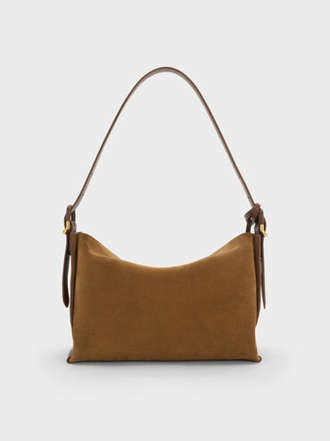 Leather & Suede Top-Flap Hobo Bag, Brown, hi-res
