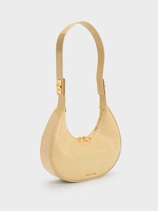 Croc-Embossed Crescent Hobo Bag, Beige, hi-res