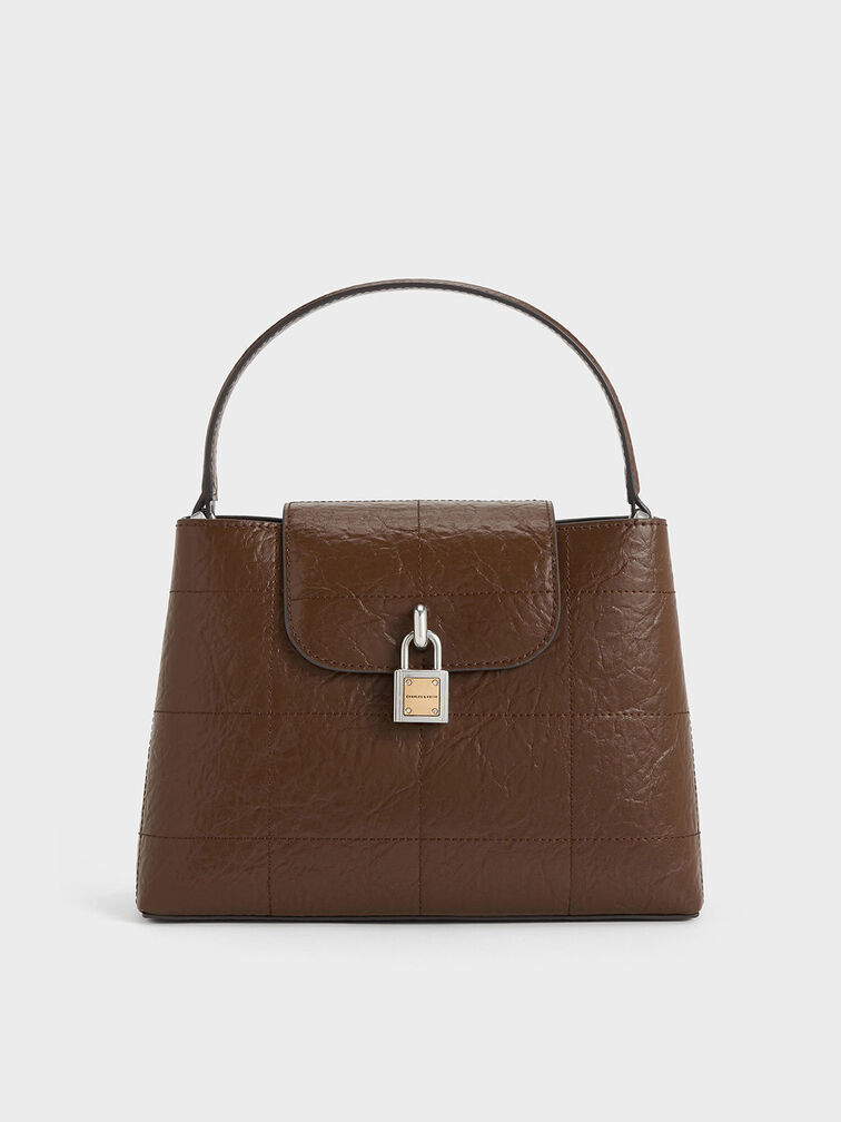 Suki Crinkle-Effect Top Handle Bag, Dark Brown, hi-res