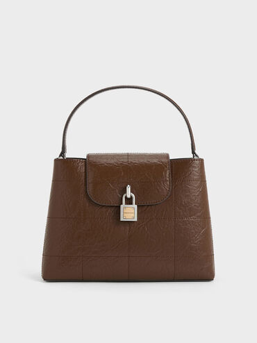 Suki Crinkle-Effect Top Handle Bag, Dark Brown, hi-res