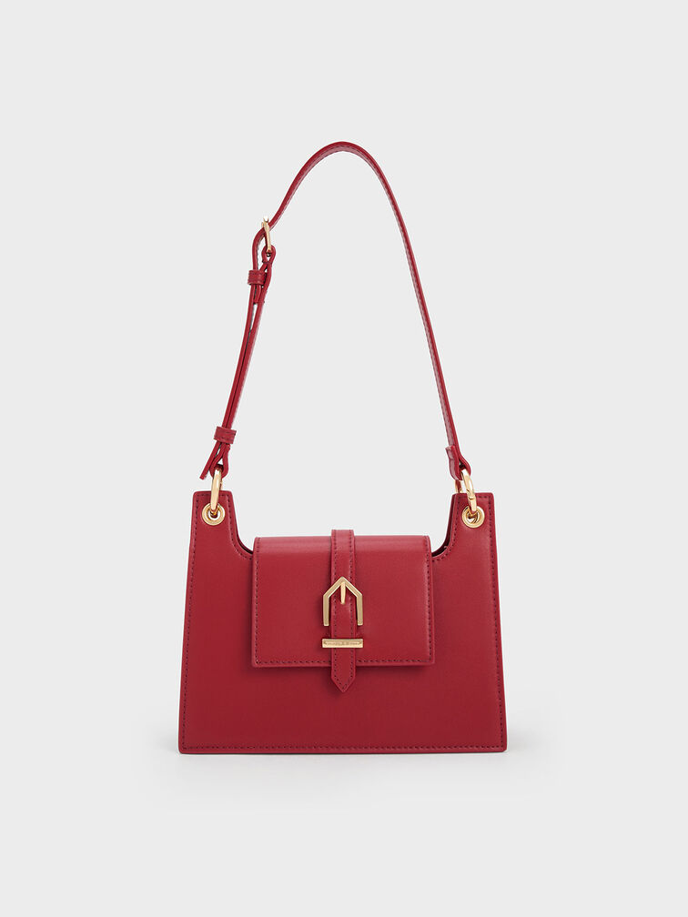 Belted Front Flap Shoulder Bag, Red, hi-res
