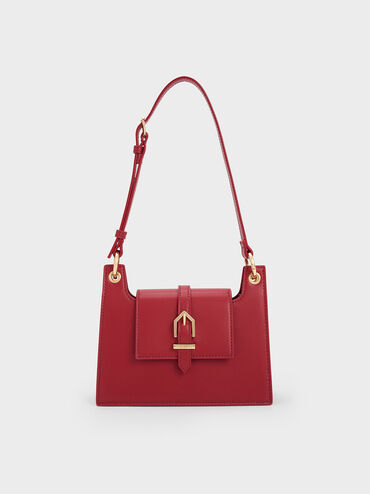Belted Front Flap Shoulder Bag, Red, hi-res