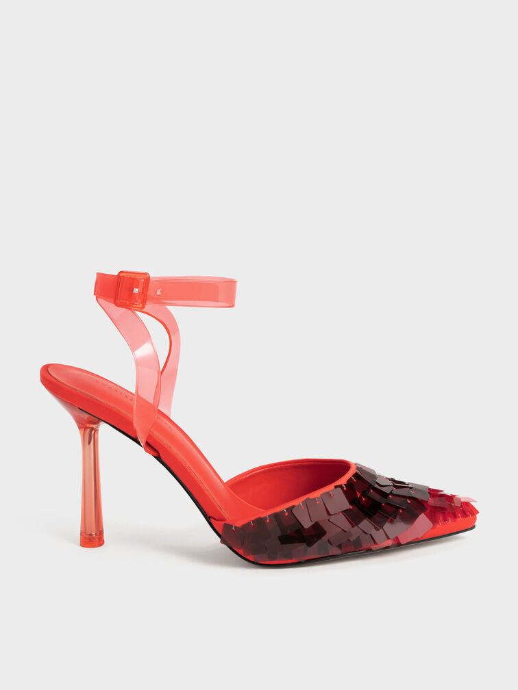 Sequinned Satin Ankle-Strap Pumps, Red, hi-res
