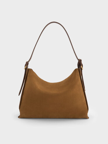 Large Leather & Suede Top-Flap Hobo Bag, Brown, hi-res