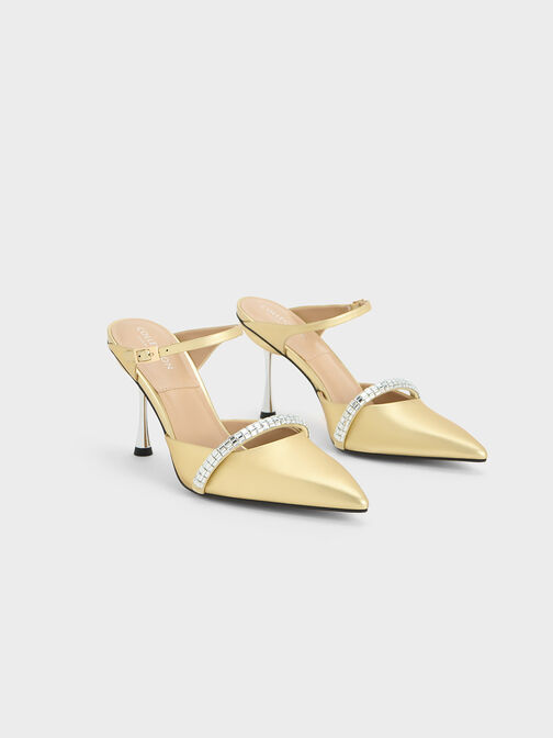 Demi Leather Gem-Embellished Heeled Mules, Gold, hi-res