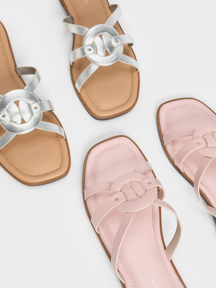 Ring Detail Strappy Flats, Light Pink, hi-res