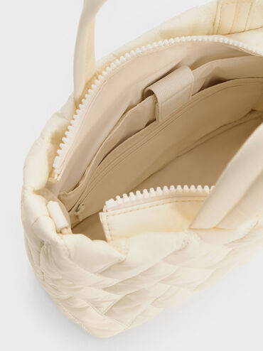 Nylon Chevron Boxy Tote Bag, Cream, hi-res