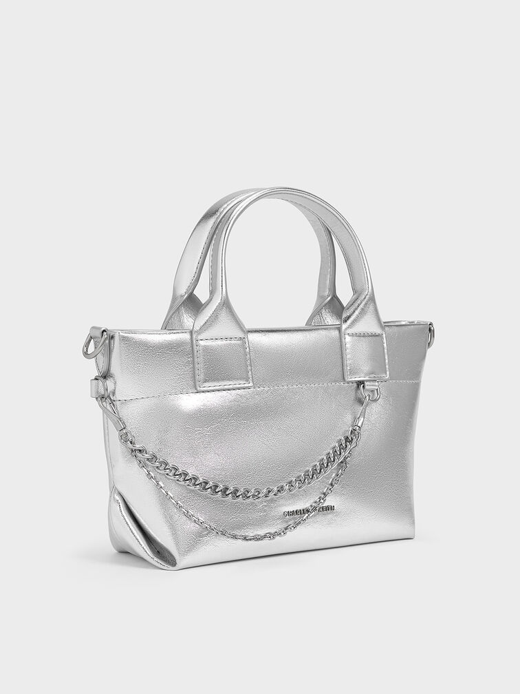 Atwood Crinkle-Effect Chain-Embellished Tote Bag, Silver, hi-res