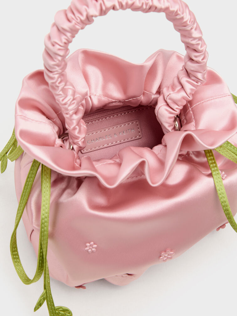 Mabel Satin Floral-Vine Bucket Bag, Pink, hi-res