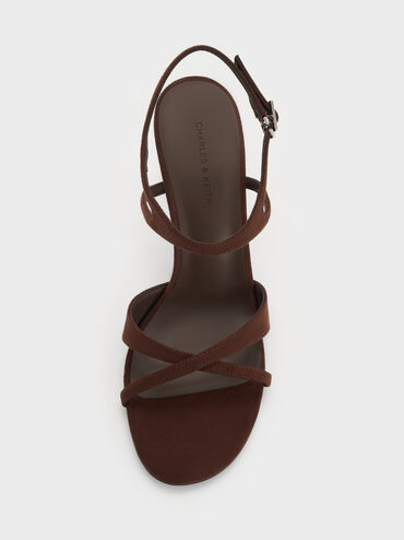 Faux Suede Crossover Stiletto Sandals, Dark Brown Textured, hi-res