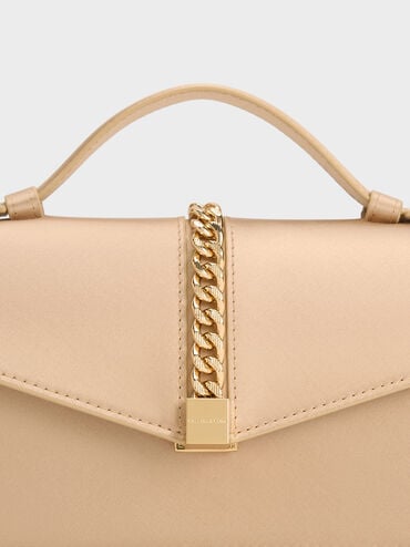 Taisia Satin Chain-Strap Envelope Bag, Champagne, hi-res