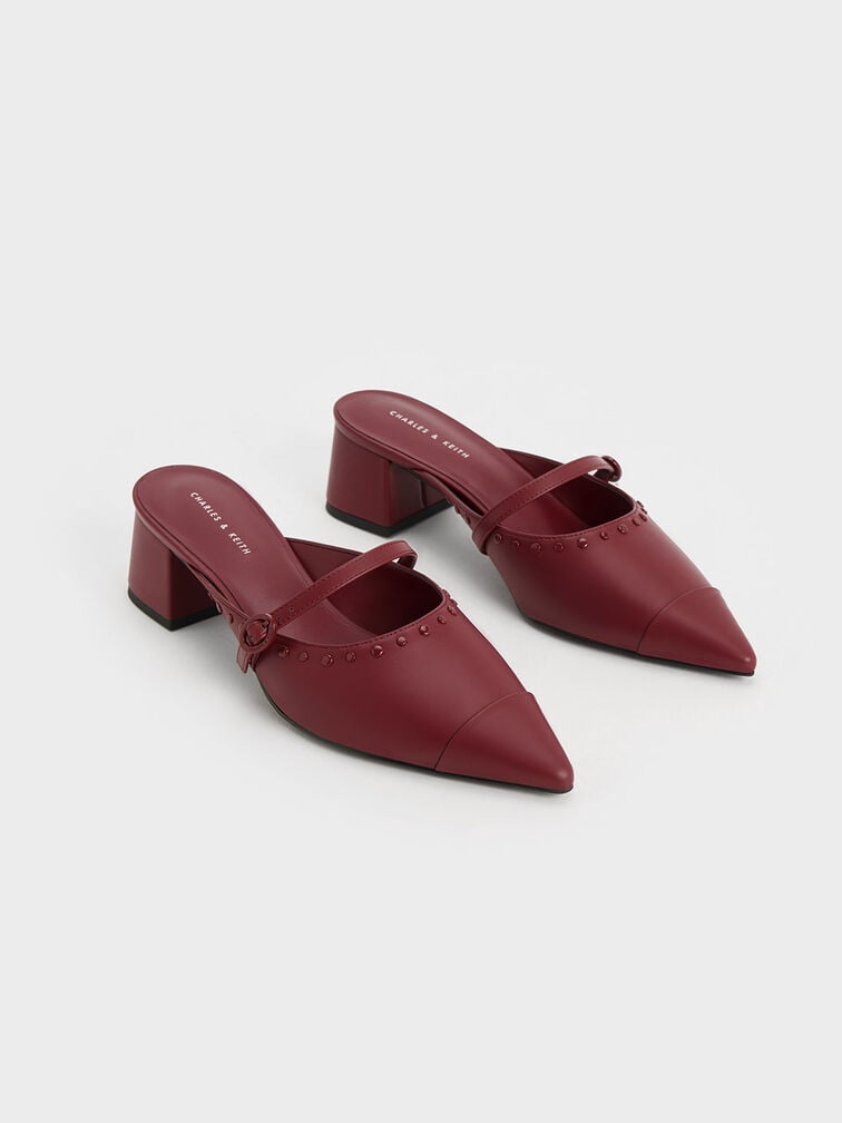 Studded Pointed-Toe Block Heel Mules, Burgundy, hi-res