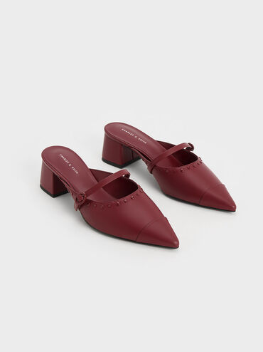 Studded Pointed-Toe Block Heel Mules, Burgundy, hi-res