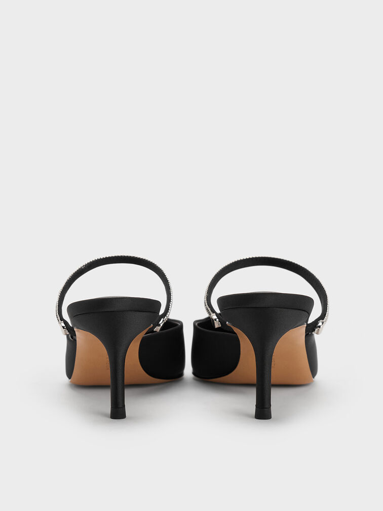 Satin Braided-Strap Pointed-Toe Mules, Black Textured, hi-res