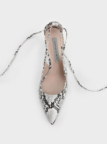 Snake-Print Lace-Up Stiletto Pumps, Animal Print White, hi-res
