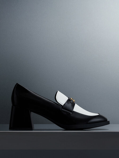 Two-Tone Metallic Accent Block Heel Loafer Pumps, Multi, hi-res