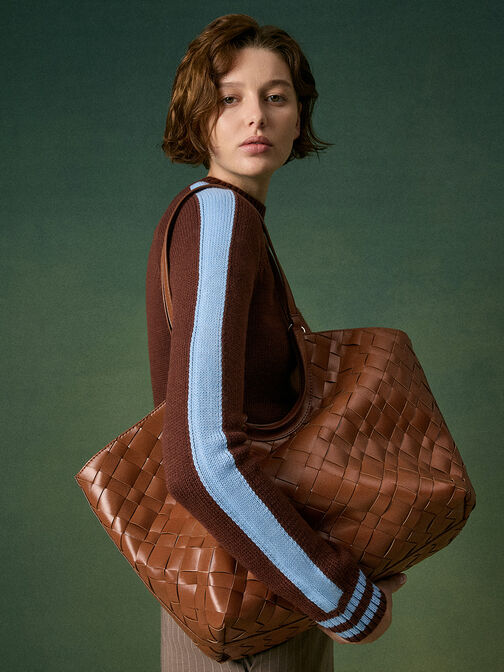Ivette Woven Tote Bag, Chocolate, hi-res
