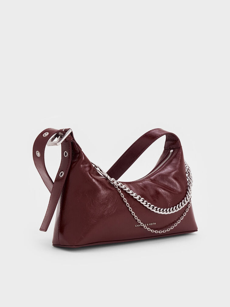 Atwood Crinkle-Effect Chain-Embellished Hobo Bag, Burgundy, hi-res