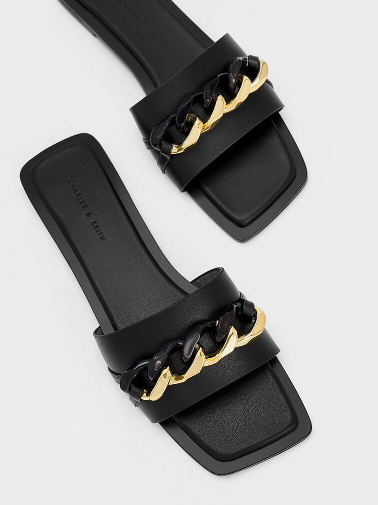 Chunky Chain-Link Slide Sandals, Black, hi-res
