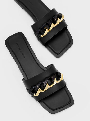 Chunky Chain-Link Slide Sandals, Black, hi-res