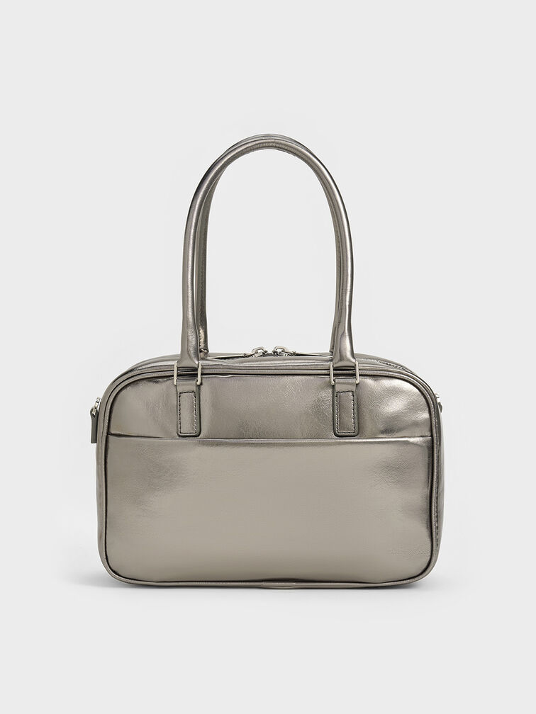 Sianna Metallic Crinkle-Effect Bowling Bag, Pewter, hi-res