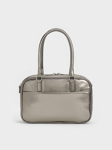 Sianna Metallic Crinkle-Effect Bowling Bag, Pewter, hi-res