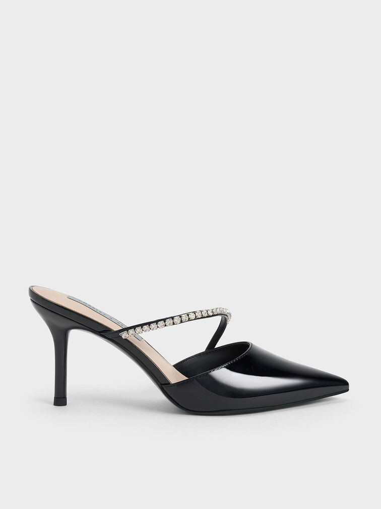 Gem-Encrusted Patent Mules, Black Patent, hi-res
