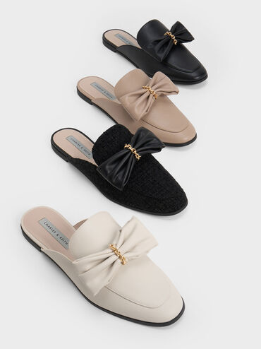 Tweed Chain-Link Bow Loafer Mules, Black Textured, hi-res
