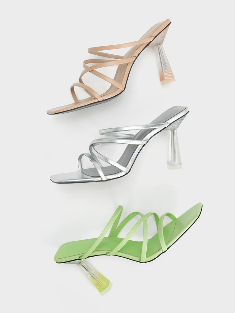 Transparent Heel Strappy Mules, Green, hi-res