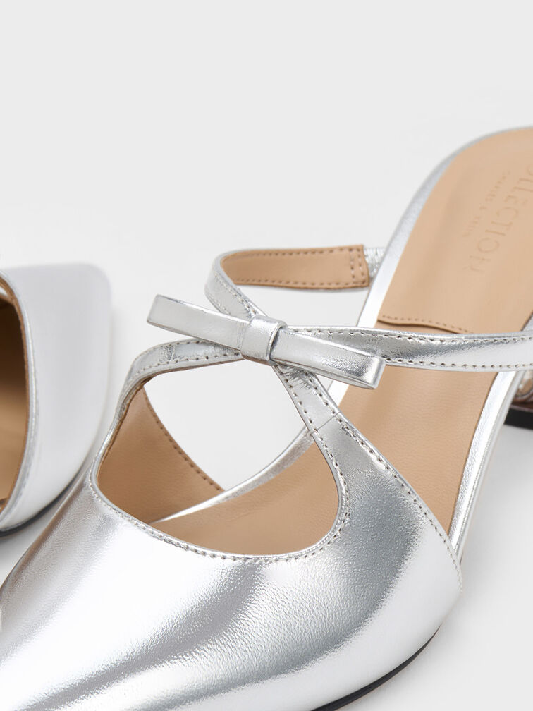 Bow Crossover Gem-Embellished Mules, Silver, hi-res