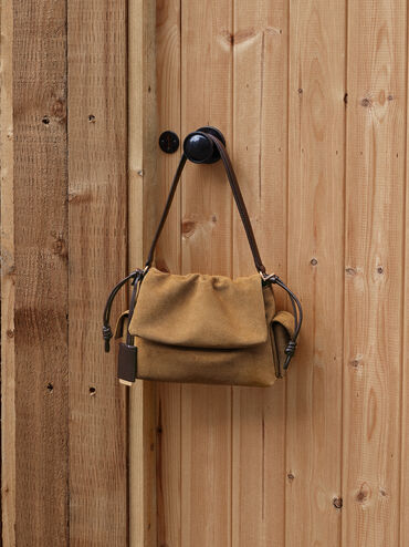 Khai Recycled Suede Ruched-Flap Side-Pocket Top Handle Bag, Sahara Sand, hi-res