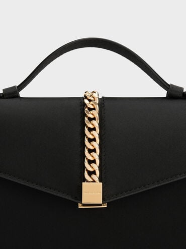 Taisia Satin Chain-Strap Envelope Bag, Black, hi-res