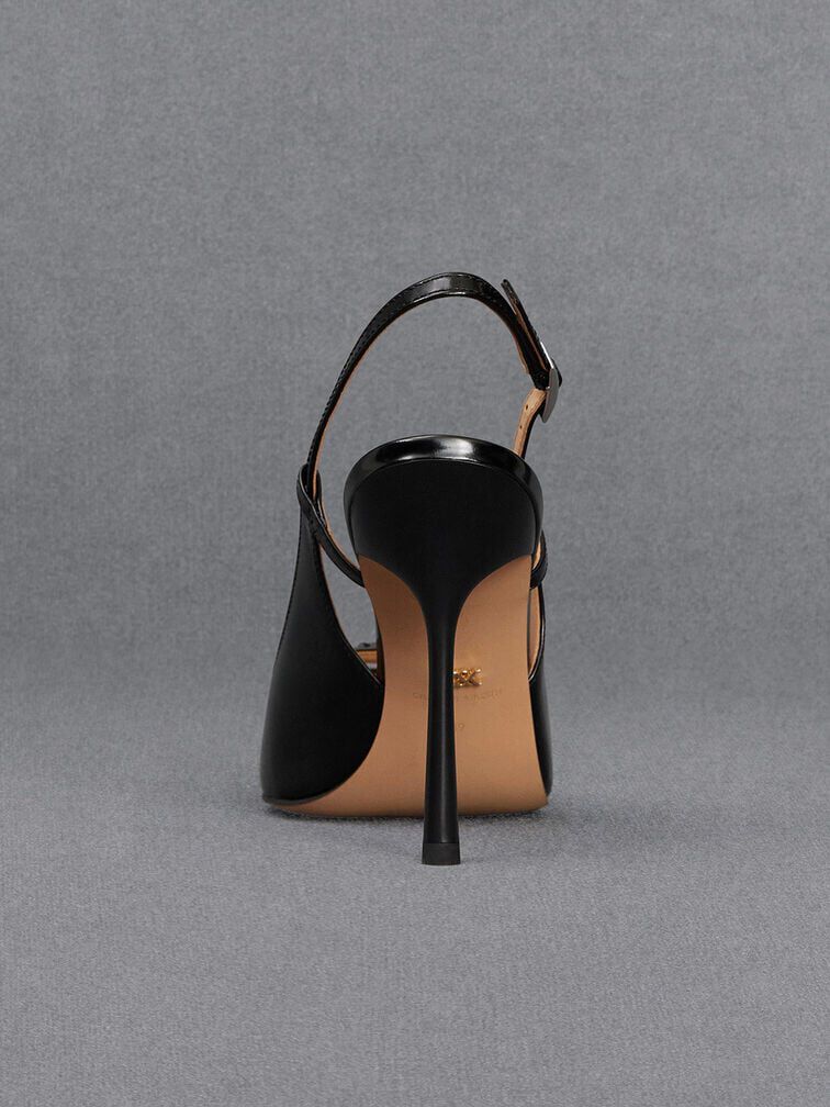 Leather Pointed-Toe Slingback Pumps, Black Box, hi-res