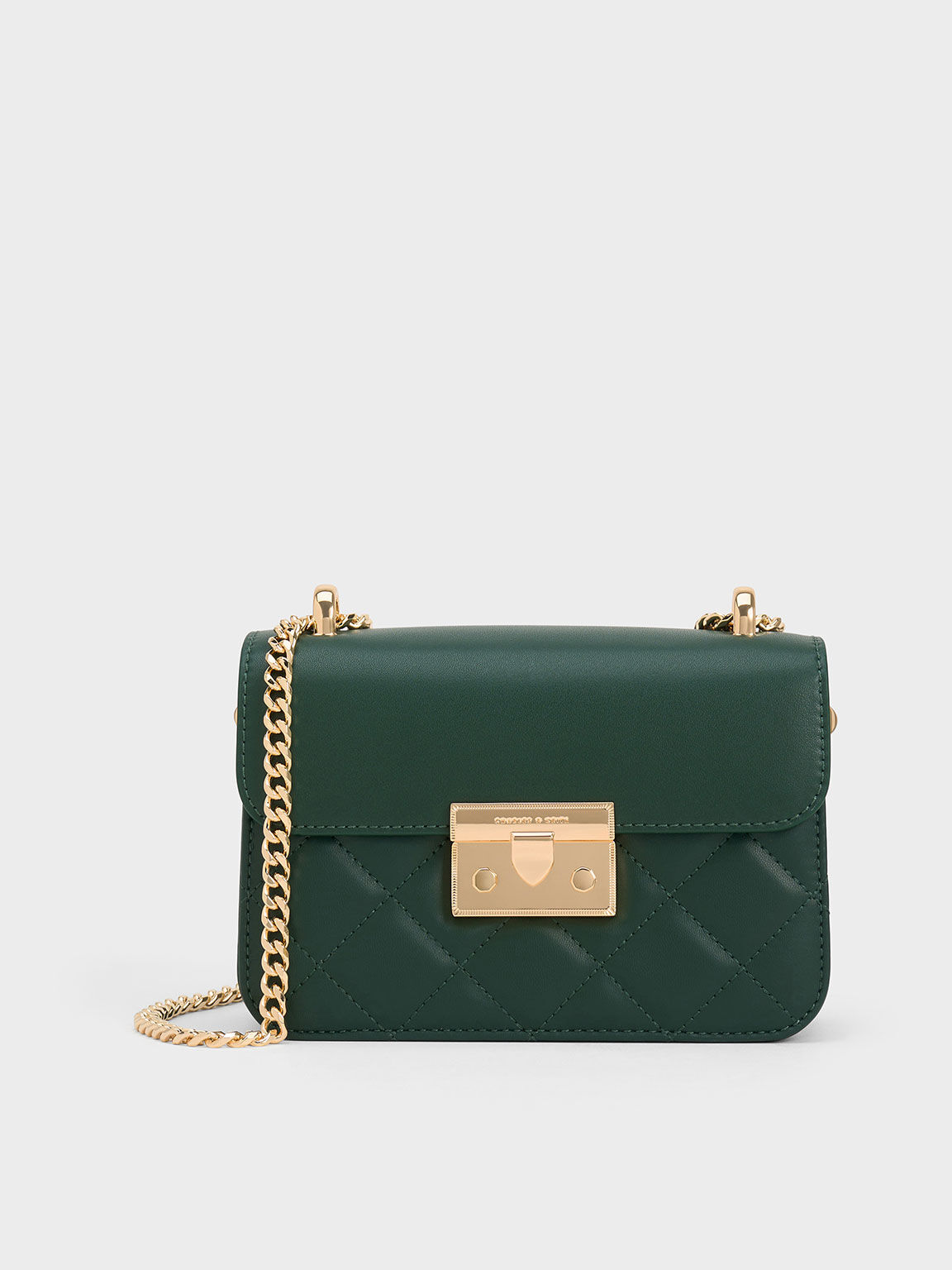 Dark Green Quilted Push Lock Chain Handle Bag CHARLES KEITH IN