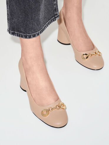 Circle Chain-Link Cylindrical Heel Pumps, Nude, hi-res