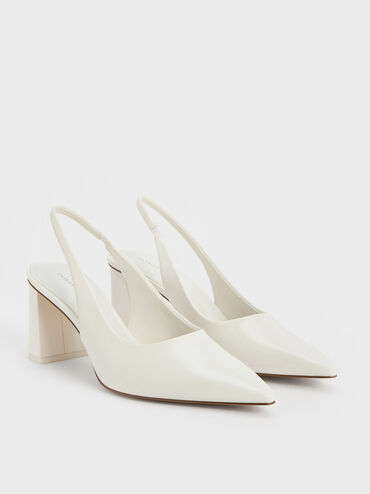 Teagan Elastane Trapeze Heel Slingback Pumps, White, hi-res