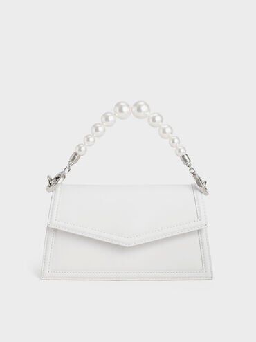 Leather Bead-Handle Envelope Bag, White, hi-res